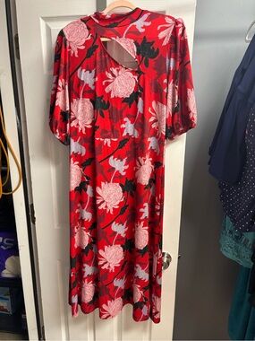 Eloquii Red Floral Midi Dress with Pink and Black Details